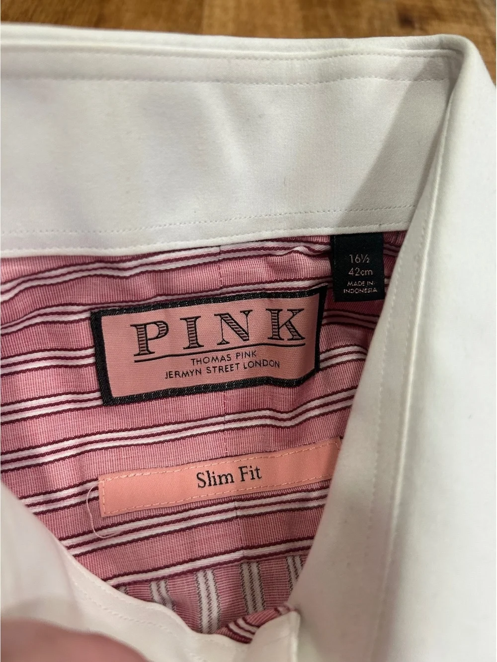Thomas Pink Slim Fit Pink Striped Dress Shirt with White Collar and Cuffs
